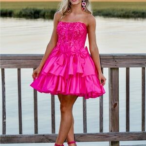 Stunning Sherri Hill 56604 Barbie Pink Strapless Beaded Homecoming Dress